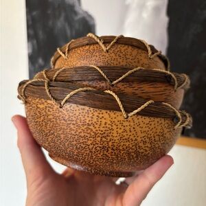 3 Vintage Palm Wood Mid Century Modern Decorative Bowls Nesting Basket Handmade